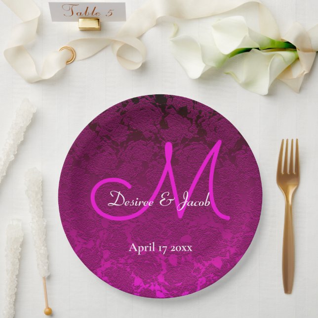 Elegant Fuchsia Hot Pink White Wedding Monogram Paper Plate (Wedding)