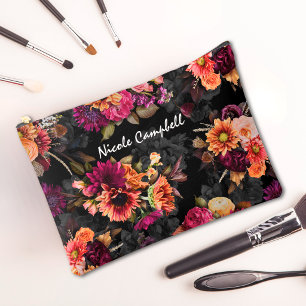 Elegant Fuchsia Orange Botanical Monogram Accessory Pouch
