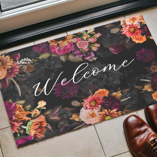 Elegant Fuchsia Orange Floral Monogram Doormat
