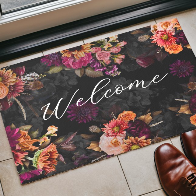 Elegant Fuchsia Orange Floral Monogram Doormat (Creator Uploaded)