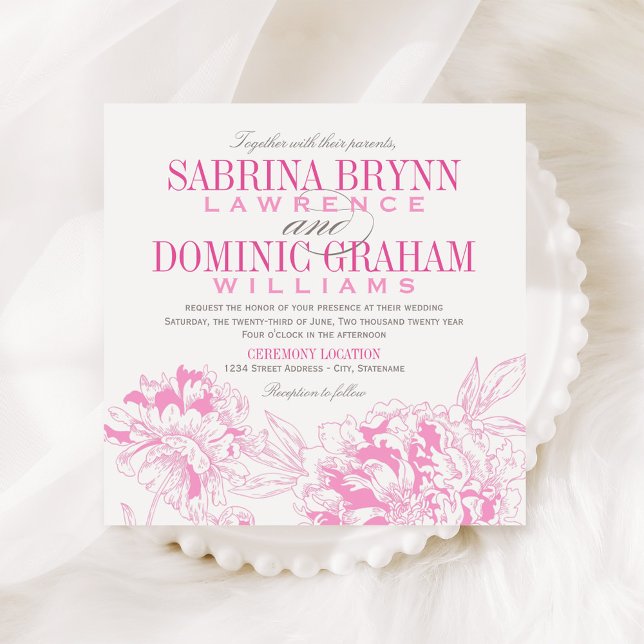 Elegant Fuchsia Pink and Gray Floral Peony Wedding Invitation (Creator Uploaded)