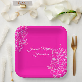 Elegant Fuchsia Pink and White Floral Paper Plate