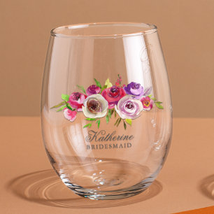 Elegant Fuchsia Pink Floral Bridesmaid Wedding Stemless Wine Glass