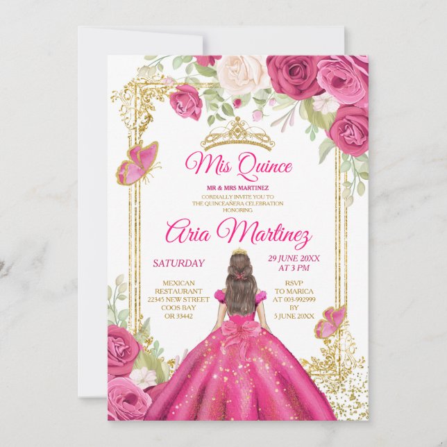Elegant Fuchsia Pink Floral Dresses Mis Quince Invitation (Front)
