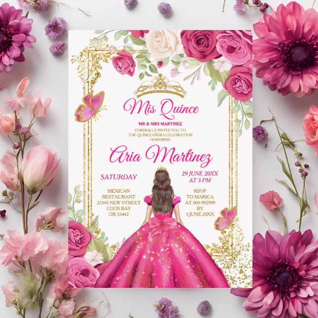 Elegant Fuchsia Pink Floral Dresses Mis Quince Invitation (Creator Uploaded)