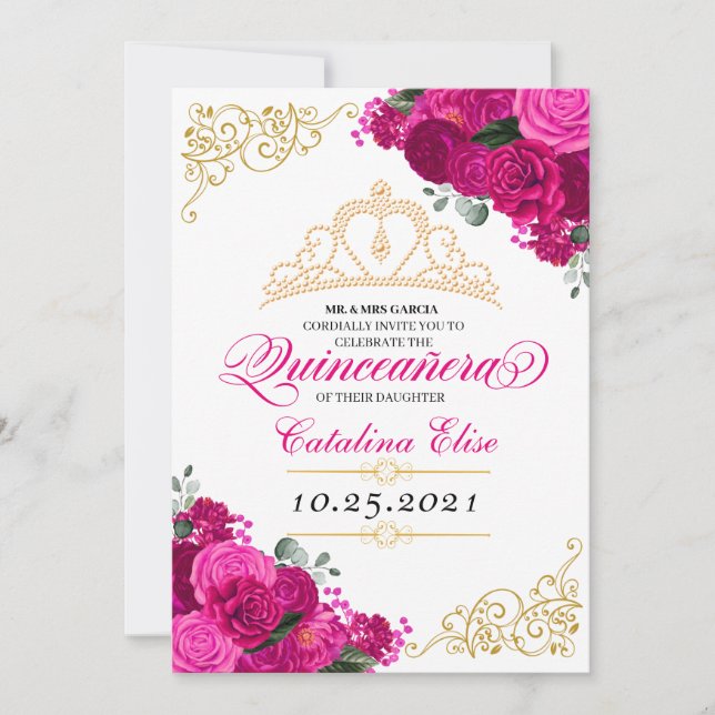 Elegant Fuchsia Pink Floral Quinceanera Birthday Invitation (Front)