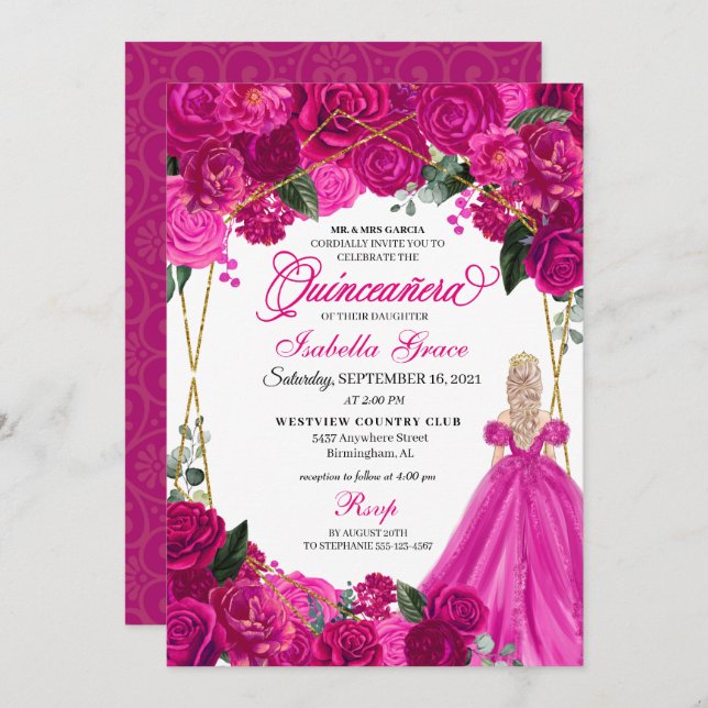Elegant Fuchsia Pink Floral Quinceanera Birthday Invitation (Front/Back)