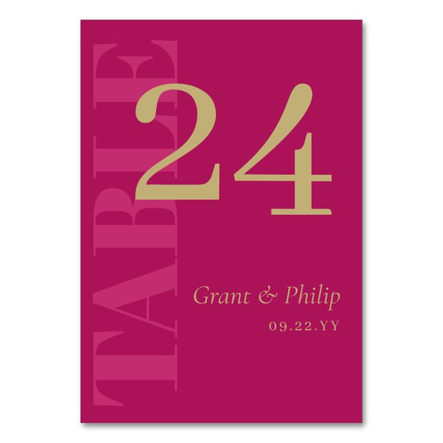 Elegant Fuchsia Pink & Gold Typography  Table Number (Front)