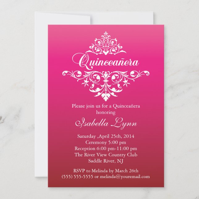 Elegant Fuchsia Pink Ombre Quinceañera Party Invitation (Front)