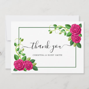 Elegant Fuchsia Pink Rose Bouquet Flowers Wedding Thank You Card
