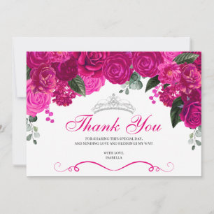 Elegant Fuchsia Pink Silver Floral Quinceanera Thank You Card