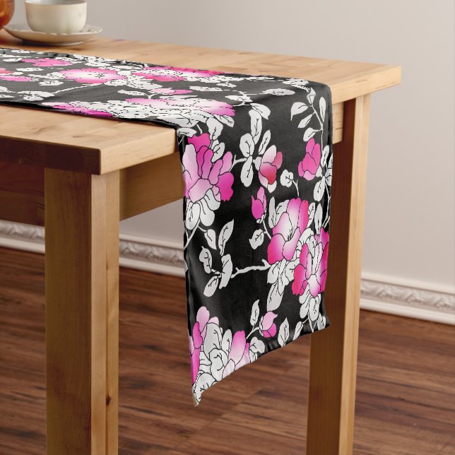 Elegant Fuchsia Pink White Black Floral Pattern Short Table Runner (In Situ)