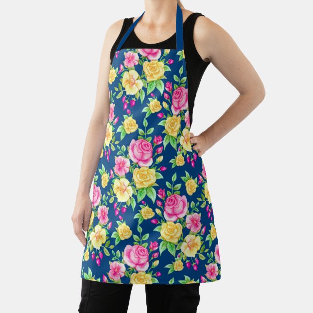 Elegant Fuchsia Pink Yellow Rose Floral Pattern Apron (Insitu)