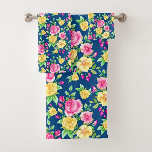 Elegant Fuchsia Pink Yellow Rose Floral Pattern Bath Towel Set (Insitu)