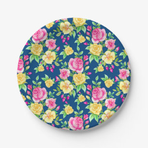 Elegant Fuchsia Pink Yellow Rose Floral Pattern Paper Plate