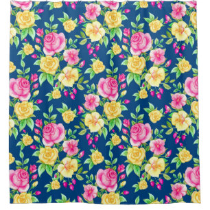 Elegant Fuchsia Pink Yellow Rose Floral Pattern Shower Curtain