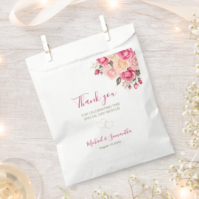 Elegant Fucia Pink and Ivory Rose Wedding Favour Bags (Clipped)