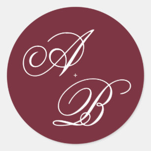Elegant Full Deep Burgundy Monogram Script Wedding Classic Round Sticker