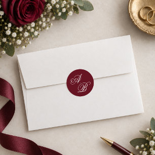 Elegant Full Deep Burgundy Monogram Script Wedding Classic Round Sticker