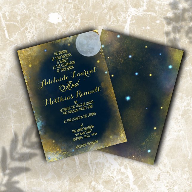 Elegant Full Moon Celestial Wedding: Blue & Gold Invitation (Creator Uploaded)