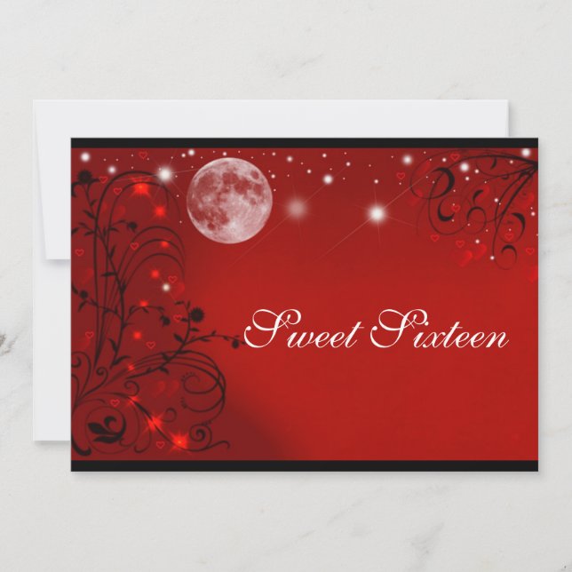 Elegant Full Moon Red Black White, Sweet Sixteen Invitation (Front)