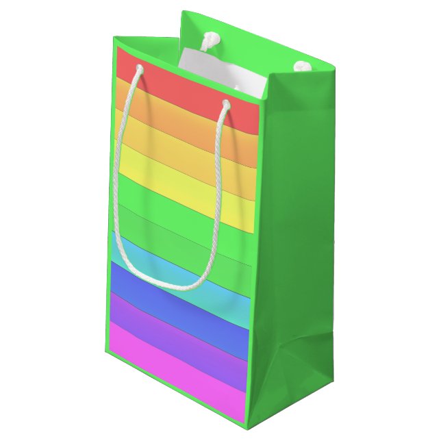 Elegant & Fun Colourful Rainbow Stripes, Lime Gree Small Gift Bag (Back Angled)