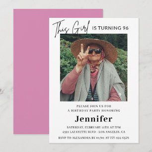 Elegant Fun Pink Photo 96th birthday Invitation