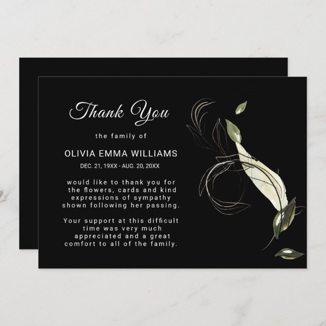 Elegant Funeral Black Gold Thank You Card (Front/Back)