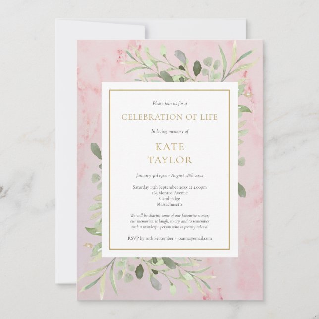 Elegant Funeral Celebration of Life Pink Marble  Invitation (Front)