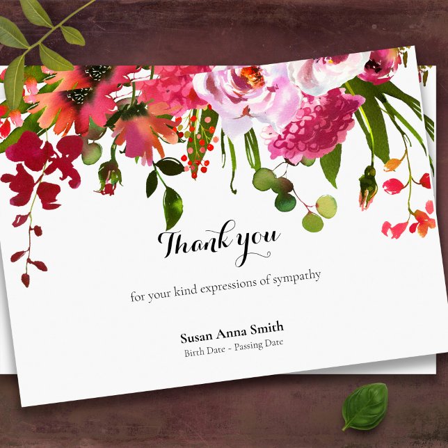 Elegant Funeral Memorial Floral Thank You Card (Pretty pink floral memorial sympathy bereavement funeral thank you cards)