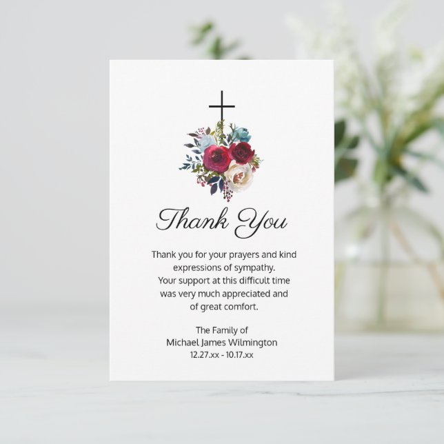 Elegant Funeral Religious Cross Floral Thank You (Standing Front)