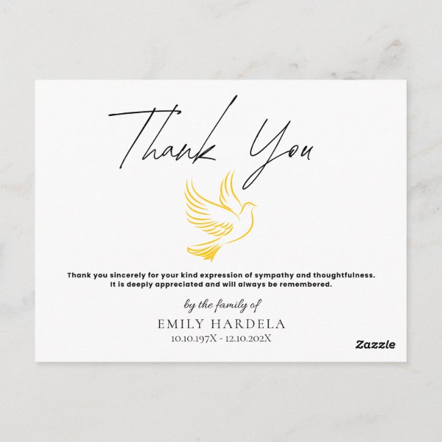 Elegant Funeral Thank You Card - Gold Dove (Back)