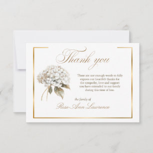 Elegant Funeral White Hydrangea Gold Frame Thank You Card
