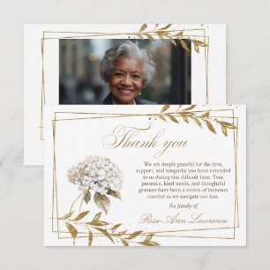 Elegant Funeral White Hydrangea Gold Leaves Thank You Card
