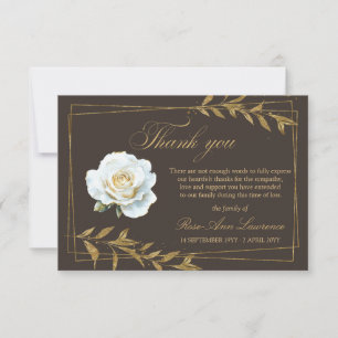 Elegant Funeral White Rose Gold Leaves Thank You Card