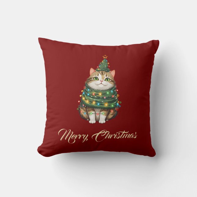 Elegant Funny Cat Christmas Tree Red Green Cushion (Front)