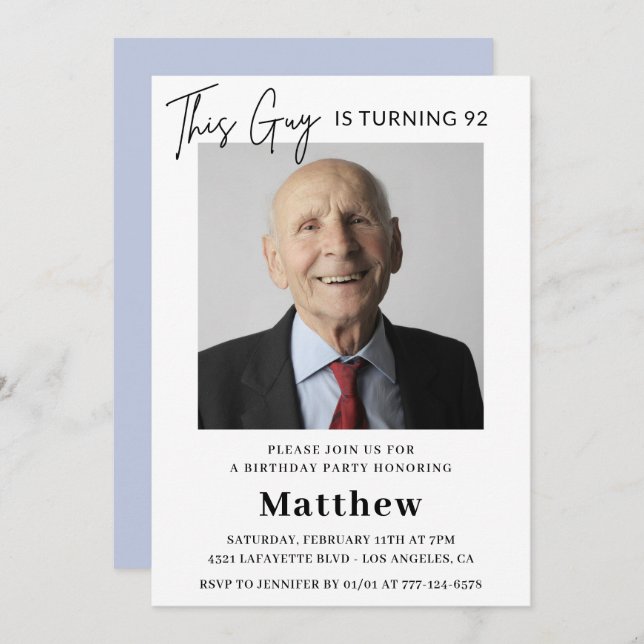 Elegant Funny Men Photo 92nd birthday  Invitation (Front/Back)