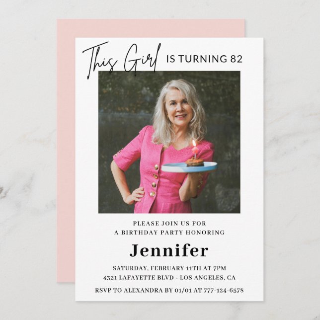 Elegant Funny Pink Photo 82nd birthday Invitation (Front/Back)