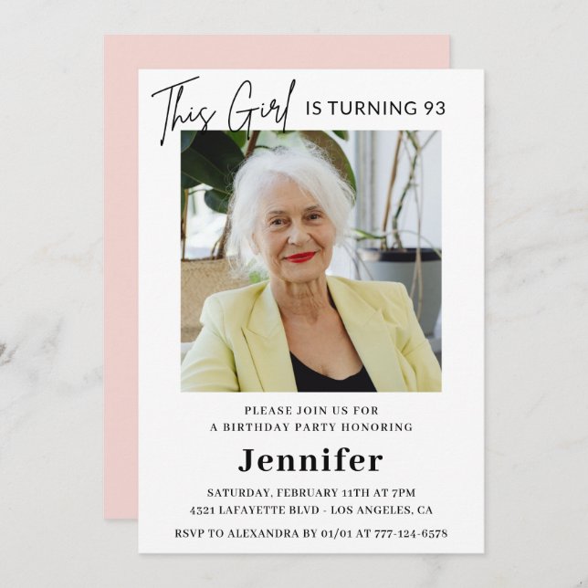 Elegant Funny Pink Photo 93rd birthday Invitation (Front/Back)