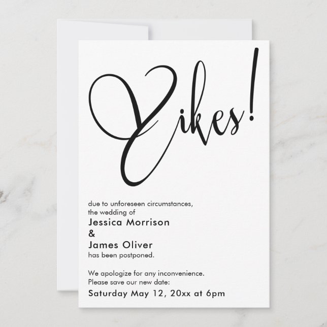 Elegant Funny "Yikes" Postponed Wedding Card (Front)