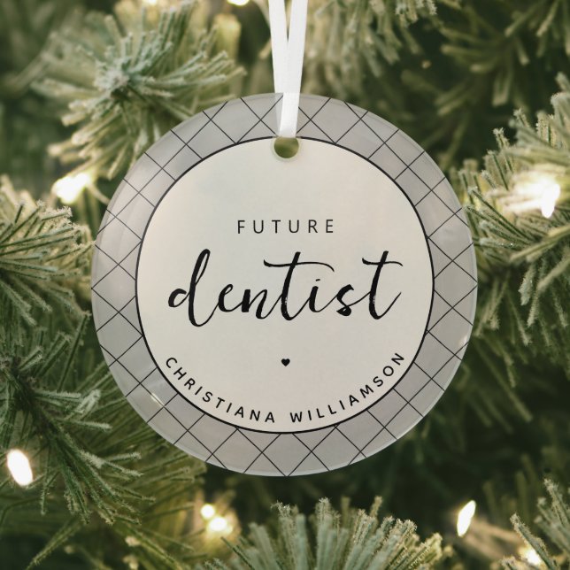 Elegant Future Dentist Check Pattern Personalised Glass Tree Decoration (Insitu)