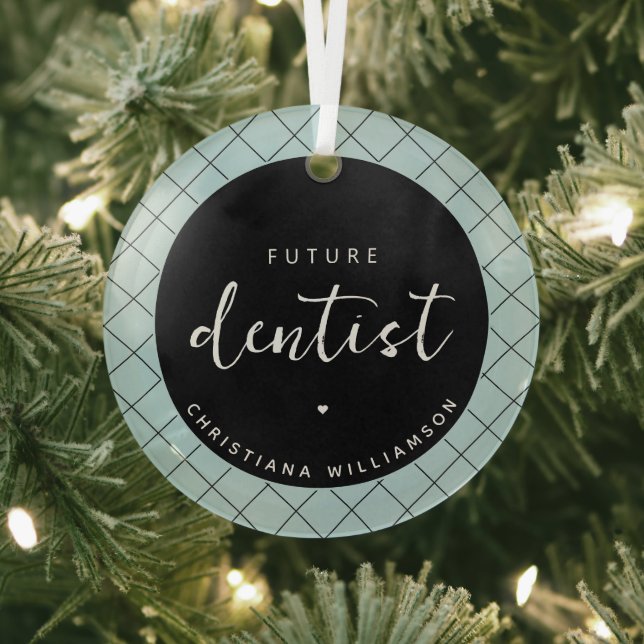 Elegant Future Dentist Check Pattern Personalised Glass Tree Decoration (Insitu)