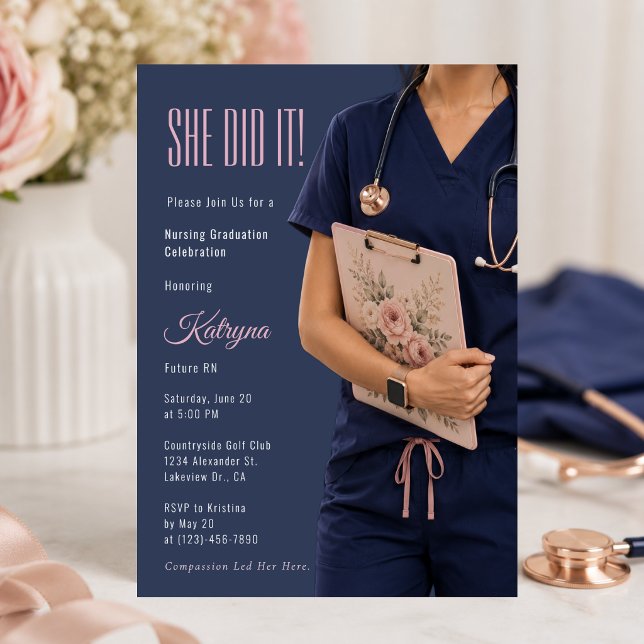 Elegant Future RN Graduation Invite (Elegant future RN graduation invite with blush florals and modern navy medical theme)