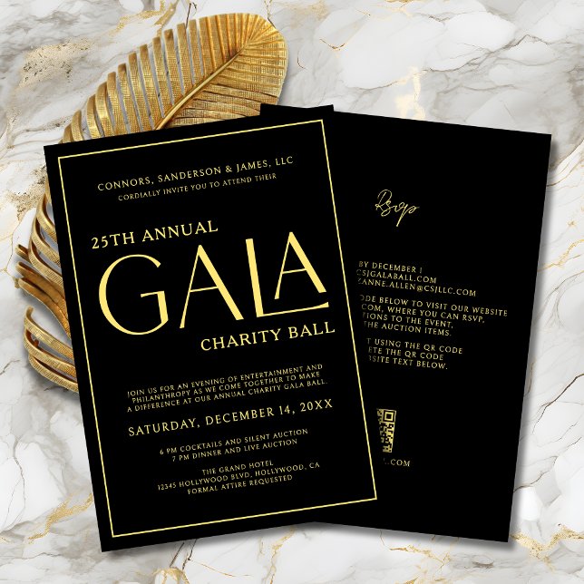Elegant Gala Event Charity Fundraiser Black Gold Invitation (Elegant Gala Event Charity Fundraiser Black and Gold Invitation with QR Code and RSVP on Back.
)