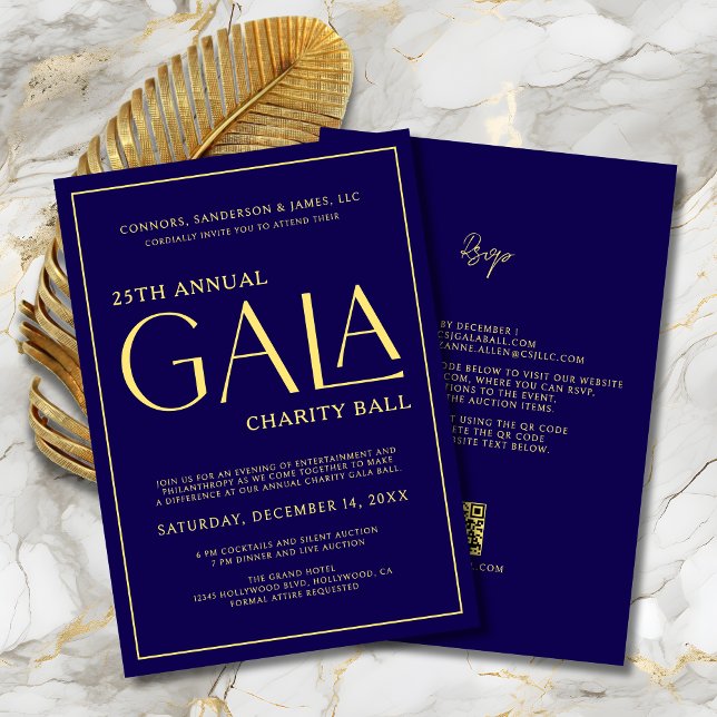 Elegant Gala Event Charity Fundraiser Blue Gold Invitation (Elegant Gala Event Charity Fundraiser Blue and Gold Invitation with QR Code, RSVP on Back.
)
