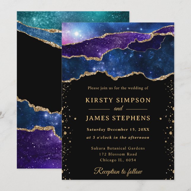 Elegant Galaxy and Gold Glitter Agate Wedding Invitation (Front/Back)