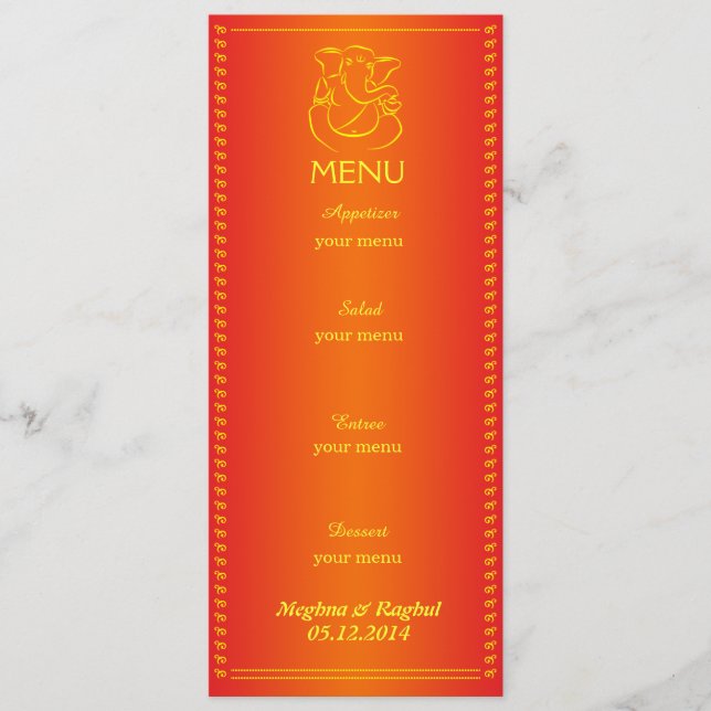 Elegant Ganesh | Indian Wedding Orange Menu Card (Front)