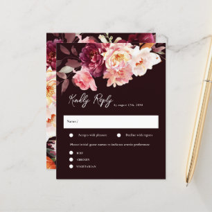 Elegant Garden Floral Burgundy Wedding RSVP Cards