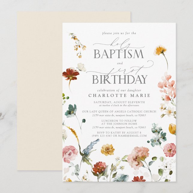 Elegant Garden Floral Girl Baptism 1st Birthday Invitation (Front/Back)
