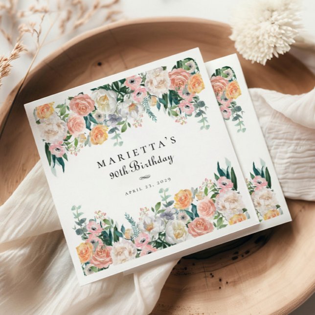 Elegant Garden Floral Greenery 90th Birthday Party Napkin (Creator Uploaded)